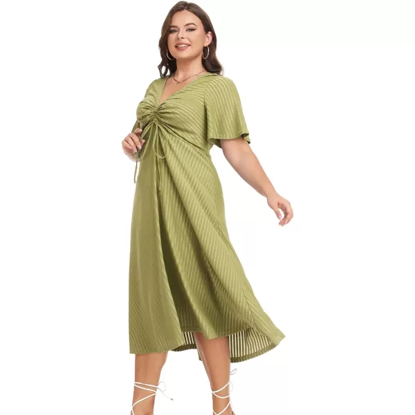 LALAGEN Womens Plus Size Boho Summer Midi Dress 2023 Flutter Short Sleeve Drawstring V Neck Flowy Beach Long Dress 1X6XGreen