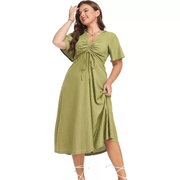 LALAGEN Womens Plus Size Boho Summer Midi Dress 2023 Flutter Short Sleeve Drawstring V Neck Flowy Beach Long Dress 1X6XGreen