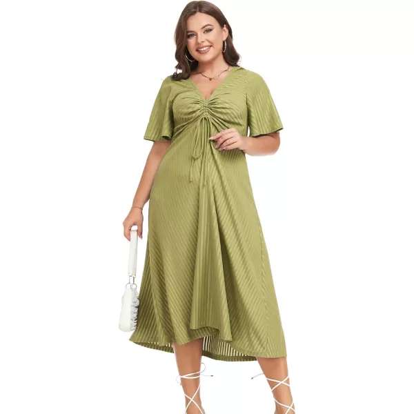 LALAGEN Womens Plus Size Boho Summer Midi Dress 2023 Flutter Short Sleeve Drawstring V Neck Flowy Beach Long Dress 1X6XGreen