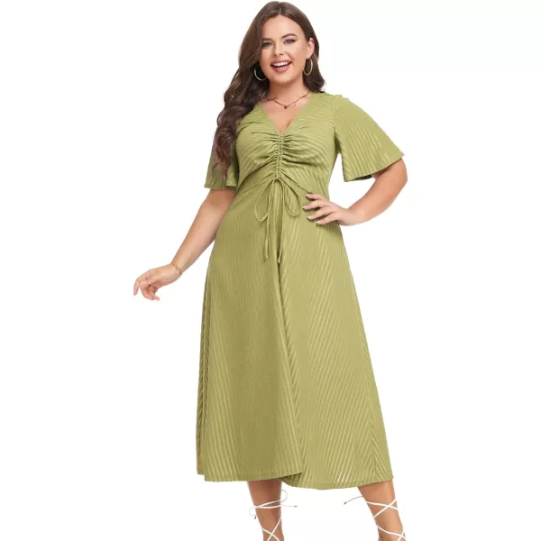 LALAGEN Womens Plus Size Boho Summer Midi Dress 2023 Flutter Short Sleeve Drawstring V Neck Flowy Beach Long Dress 1X6XGreen