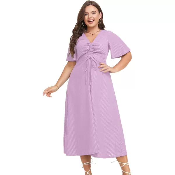 LALAGEN Womens Plus Size Boho Summer Midi Dress 2023 Flutter Short Sleeve Drawstring V Neck Flowy Beach Long Dress 1X6XLilac