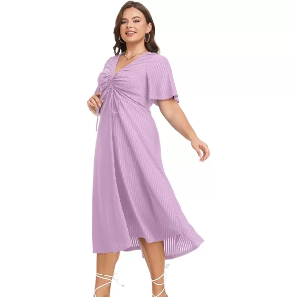 LALAGEN Womens Plus Size Boho Summer Midi Dress 2023 Flutter Short Sleeve Drawstring V Neck Flowy Beach Long Dress 1X6XLilac