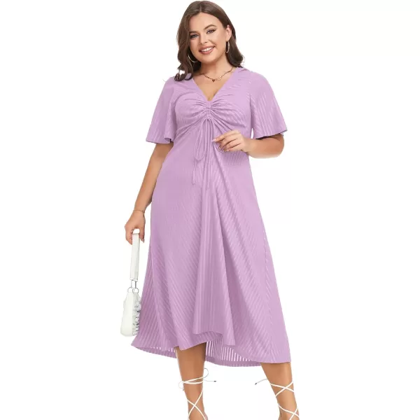 LALAGEN Womens Plus Size Boho Summer Midi Dress 2023 Flutter Short Sleeve Drawstring V Neck Flowy Beach Long Dress 1X6XLilac