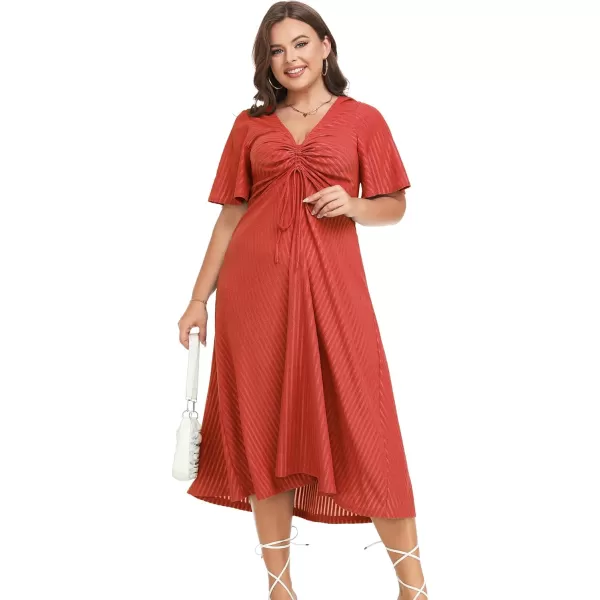 LALAGEN Womens Plus Size Boho Summer Midi Dress 2023 Flutter Short Sleeve Drawstring V Neck Flowy Beach Long Dress 1X6XRed