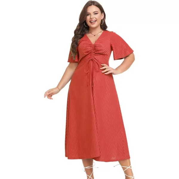 LALAGEN Womens Plus Size Boho Summer Midi Dress 2023 Flutter Short Sleeve Drawstring V Neck Flowy Beach Long Dress 1X6XRed