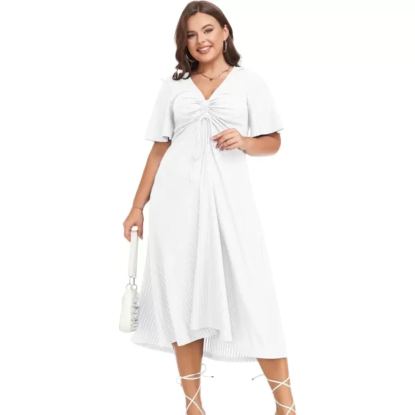 LALAGEN Womens Plus Size Boho Summer Midi Dress 2023 Flutter Short Sleeve Drawstring V Neck Flowy Beach Long Dress 1X6XWhite