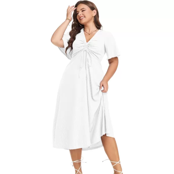 LALAGEN Womens Plus Size Boho Summer Midi Dress 2023 Flutter Short Sleeve Drawstring V Neck Flowy Beach Long Dress 1X6XWhite