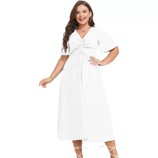 LALAGEN Womens Plus Size Boho Summer Midi Dress 2023 Flutter Short Sleeve Drawstring V Neck Flowy Beach Long Dress 1X6XWhite