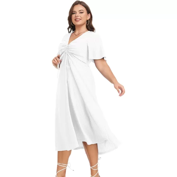 LALAGEN Womens Plus Size Boho Summer Midi Dress 2023 Flutter Short Sleeve Drawstring V Neck Flowy Beach Long Dress 1X6XWhite