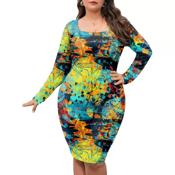 LALAGEN Womens Plus Size Casual Basic Dress Long Sleeve Bodycon Club Party Midi DressesPrint Gold Navy