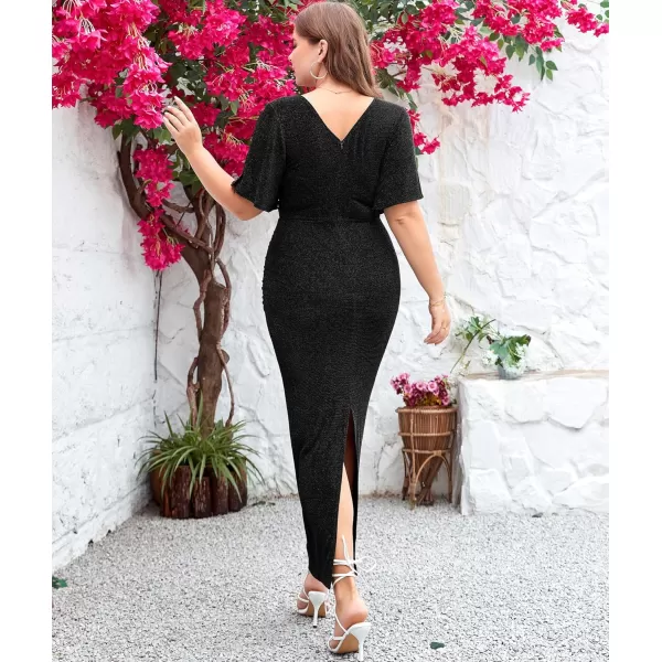 LALAGEN Womens Plus Size Glitter Wedding Guest Bodycon Maxi Dress Short Sleeve V Neck Ruched Slit Cocktail Party DressesBlack