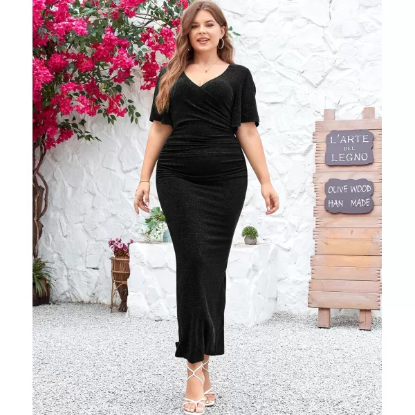 LALAGEN Womens Plus Size Glitter Wedding Guest Bodycon Maxi Dress Short Sleeve V Neck Ruched Slit Cocktail Party DressesBlack