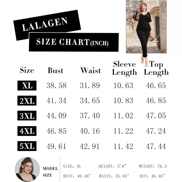 LALAGEN Womens Plus Size Glitter Wedding Guest Bodycon Maxi Dress Short Sleeve V Neck Ruched Slit Cocktail Party DressesBlack