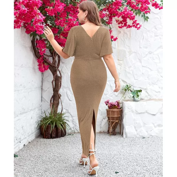 LALAGEN Womens Plus Size Glitter Wedding Guest Bodycon Maxi Dress Short Sleeve V Neck Ruched Slit Cocktail Party DressesChampagne