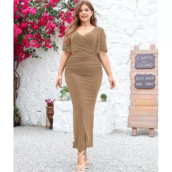 LALAGEN Womens Plus Size Glitter Wedding Guest Bodycon Maxi Dress Short Sleeve V Neck Ruched Slit Cocktail Party DressesChampagne