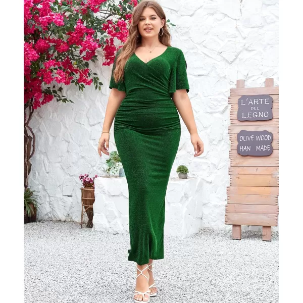 LALAGEN Womens Plus Size Glitter Wedding Guest Bodycon Maxi Dress Short Sleeve V Neck Ruched Slit Cocktail Party DressesGreen