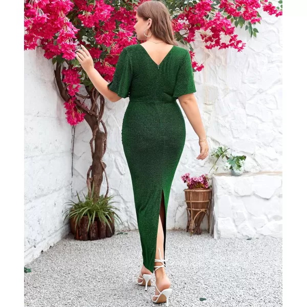 LALAGEN Womens Plus Size Glitter Wedding Guest Bodycon Maxi Dress Short Sleeve V Neck Ruched Slit Cocktail Party DressesGreen