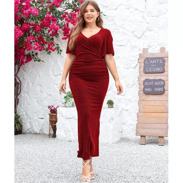 LALAGEN Womens Plus Size Glitter Wedding Guest Bodycon Maxi Dress Short Sleeve V Neck Ruched Slit Cocktail Party DressesWine