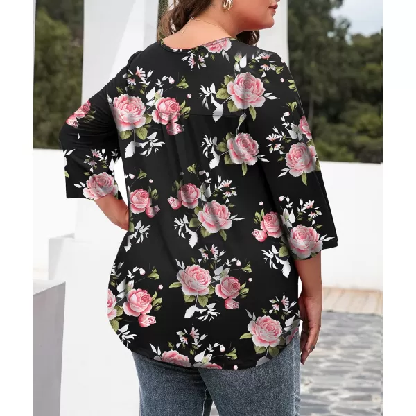 LALAGEN Womens Plus Size Henley Blouse Casual 34 Sleeve Flowy Tunic Tops ShirtAflower Pink Rose