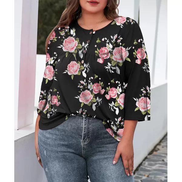 LALAGEN Womens Plus Size Henley Blouse Casual 34 Sleeve Flowy Tunic Tops ShirtAflower Pink Rose