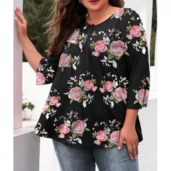 LALAGEN Womens Plus Size Henley Blouse Casual 34 Sleeve Flowy Tunic Tops ShirtAflower Pink Rose