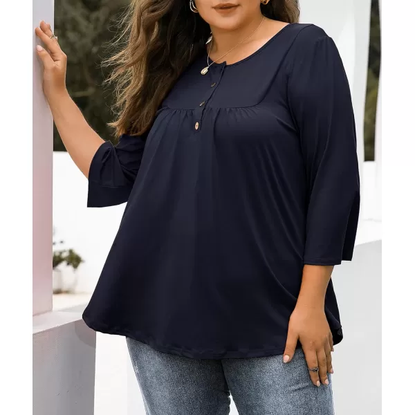 LALAGEN Womens Plus Size Henley Blouse Casual 34 Sleeve Flowy Tunic Tops ShirtAnavy