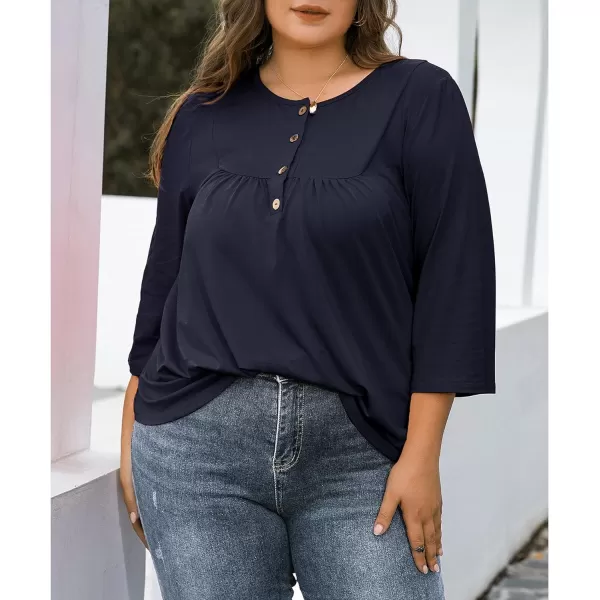 LALAGEN Womens Plus Size Henley Blouse Casual 34 Sleeve Flowy Tunic Tops ShirtAnavy