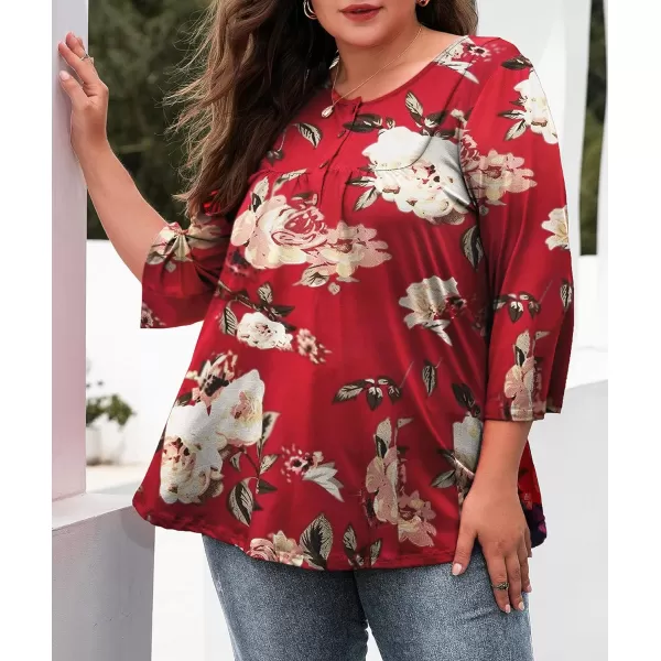 LALAGEN Womens Plus Size Henley Blouse Casual 34 Sleeve Flowy Tunic Tops ShirtApeony Red