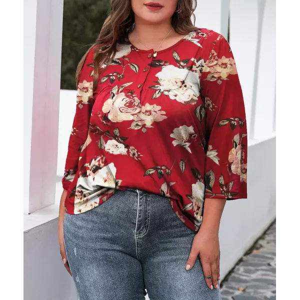 LALAGEN Womens Plus Size Henley Blouse Casual 34 Sleeve Flowy Tunic Tops ShirtApeony Red