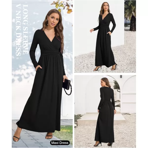 LALAGEN Womens Plus Size Long Sleeve Maxi Dress Casual V Neck Loose Flowy Plain Long Party Dress with Pockets L5XBlack