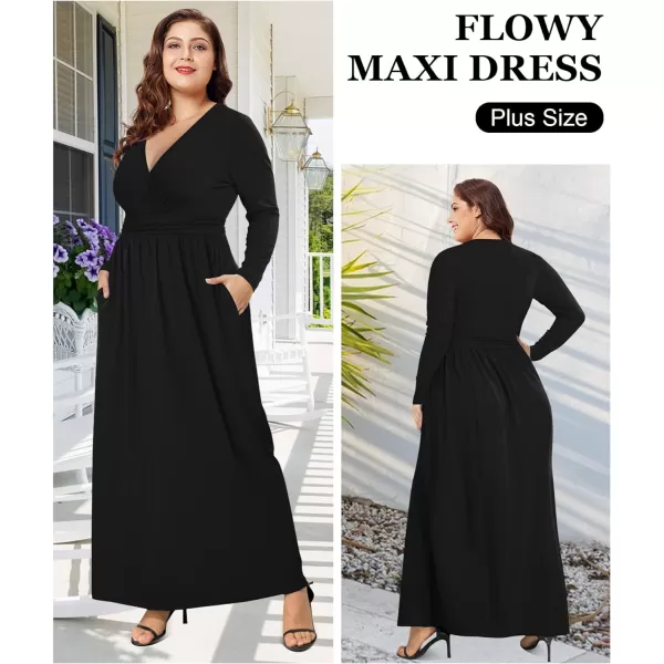 LALAGEN Womens Plus Size Long Sleeve Maxi Dress Casual V Neck Loose Flowy Plain Long Party Dress with Pockets L5XBlack