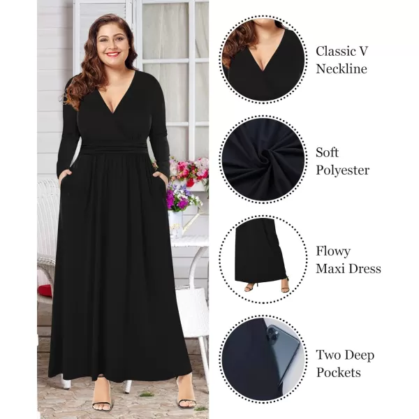 LALAGEN Womens Plus Size Long Sleeve Maxi Dress Casual V Neck Loose Flowy Plain Long Party Dress with Pockets L5XBlack