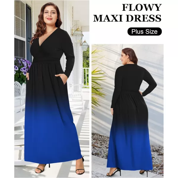 LALAGEN Womens Plus Size Long Sleeve Maxi Dress Casual V Neck Loose Flowy Plain Long Party Dress with Pockets L5XBlack Blue