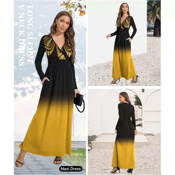 LALAGEN Womens Plus Size Long Sleeve Maxi Dress Casual V Neck Loose Flowy Plain Long Party Dress with Pockets L5XFloral Gold Black