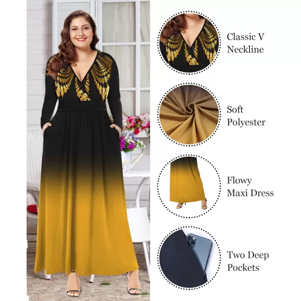 LALAGEN Womens Plus Size Long Sleeve Maxi Dress Casual V Neck Loose Flowy Plain Long Party Dress with Pockets L5XFloral Gold Black