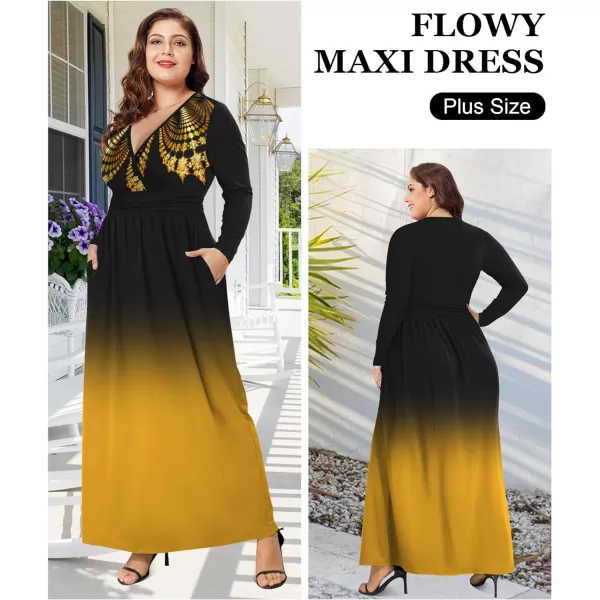 LALAGEN Womens Plus Size Long Sleeve Maxi Dress Casual V Neck Loose Flowy Plain Long Party Dress with Pockets L5XFloral Gold Black