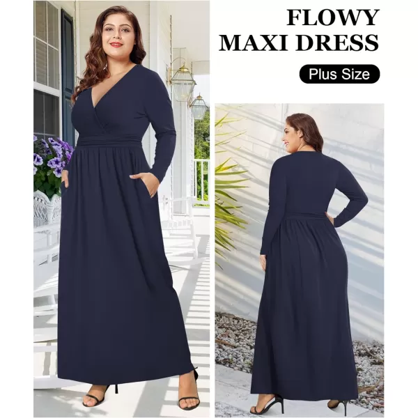 LALAGEN Womens Plus Size Long Sleeve Maxi Dress Casual V Neck Loose Flowy Plain Long Party Dress with Pockets L5XNavy Blue