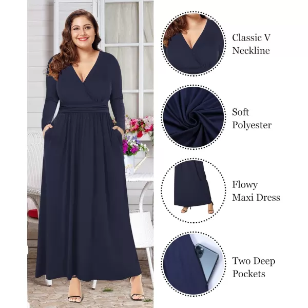 LALAGEN Womens Plus Size Long Sleeve Maxi Dress Casual V Neck Loose Flowy Plain Long Party Dress with Pockets L5XNavy Blue