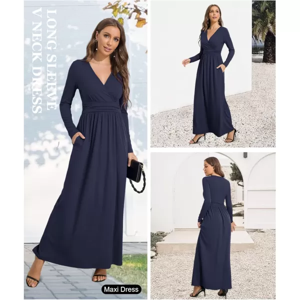 LALAGEN Womens Plus Size Long Sleeve Maxi Dress Casual V Neck Loose Flowy Plain Long Party Dress with Pockets L5XNavy Blue