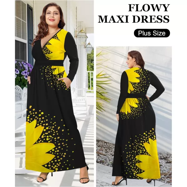 LALAGEN Womens Plus Size Long Sleeve Maxi Dress Casual V Neck Loose Flowy Plain Long Party Dress with Pockets L5XSunflower Yellow