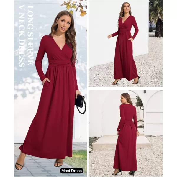 LALAGEN Womens Plus Size Long Sleeve Maxi Dress Casual V Neck Loose Flowy Plain Long Party Dress with Pockets L5XWine Red