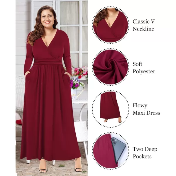 LALAGEN Womens Plus Size Long Sleeve Maxi Dress Casual V Neck Loose Flowy Plain Long Party Dress with Pockets L5XWine Red