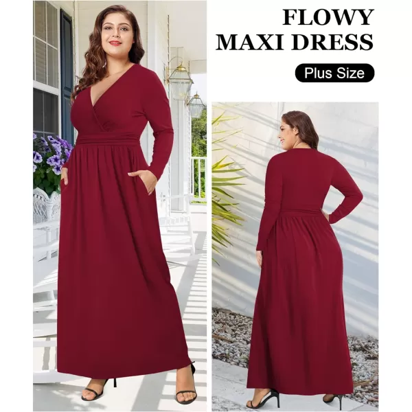 LALAGEN Womens Plus Size Long Sleeve Maxi Dress Casual V Neck Loose Flowy Plain Long Party Dress with Pockets L5XWine Red