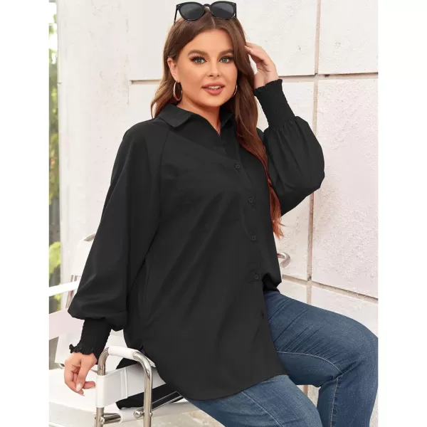 LALAGEN Womens Plus Size Oversized Long Sleeve Button Down Shirt Modest Smocked Cuffed Loose Shirts Blouse with Pocket L5XSolid Black