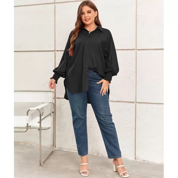 LALAGEN Womens Plus Size Oversized Long Sleeve Button Down Shirt Modest Smocked Cuffed Loose Shirts Blouse with Pocket L5XSolid Black