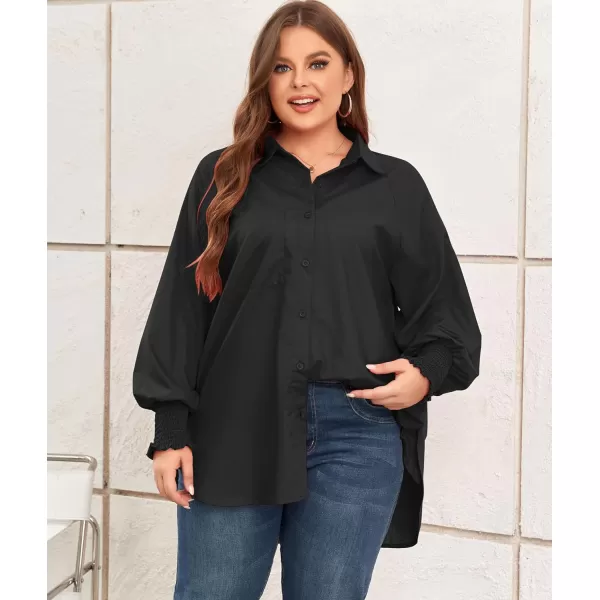 LALAGEN Womens Plus Size Oversized Long Sleeve Button Down Shirt Modest Smocked Cuffed Loose Shirts Blouse with Pocket L5XSolid Black