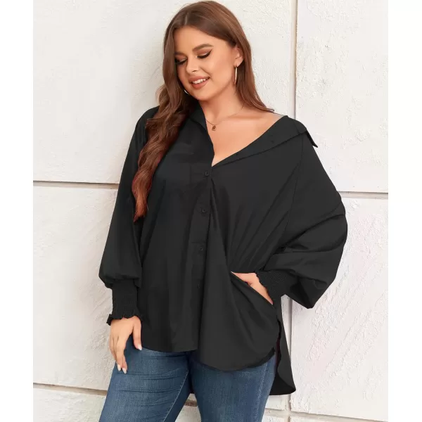 LALAGEN Womens Plus Size Oversized Long Sleeve Button Down Shirt Modest Smocked Cuffed Loose Shirts Blouse with Pocket L5XSolid Black