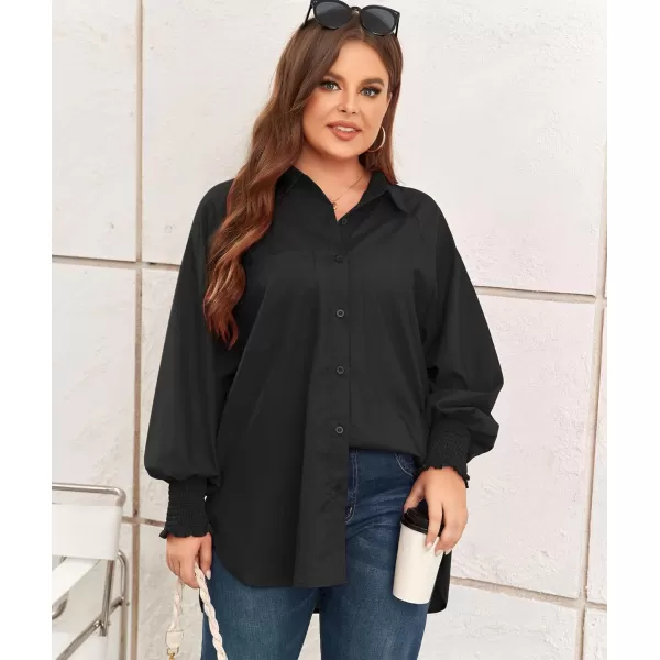 LALAGEN Womens Plus Size Oversized Long Sleeve Button Down Shirt Modest Smocked Cuffed Loose Shirts Blouse with Pocket L5XSolid Black