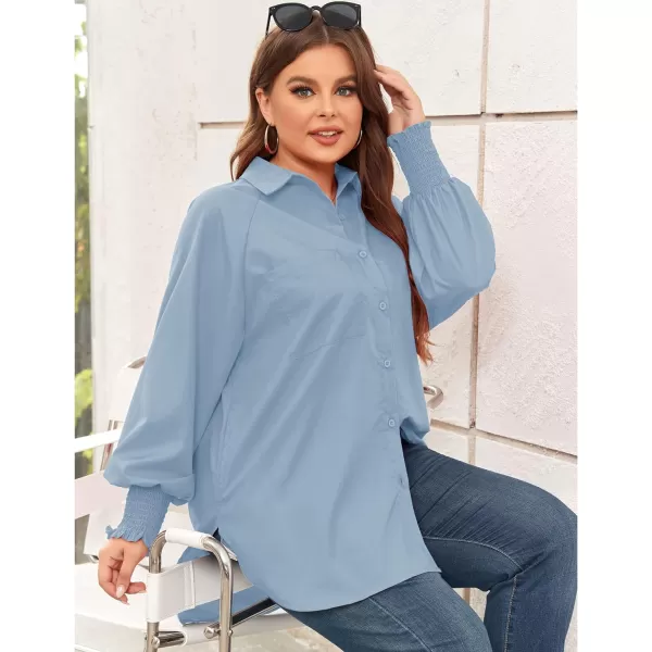 LALAGEN Womens Plus Size Oversized Long Sleeve Button Down Shirt Modest Smocked Cuffed Loose Shirts Blouse with Pocket L5XSolid Blue