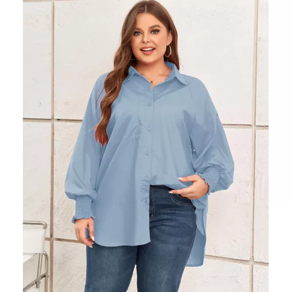 LALAGEN Womens Plus Size Oversized Long Sleeve Button Down Shirt Modest Smocked Cuffed Loose Shirts Blouse with Pocket L5XSolid Blue